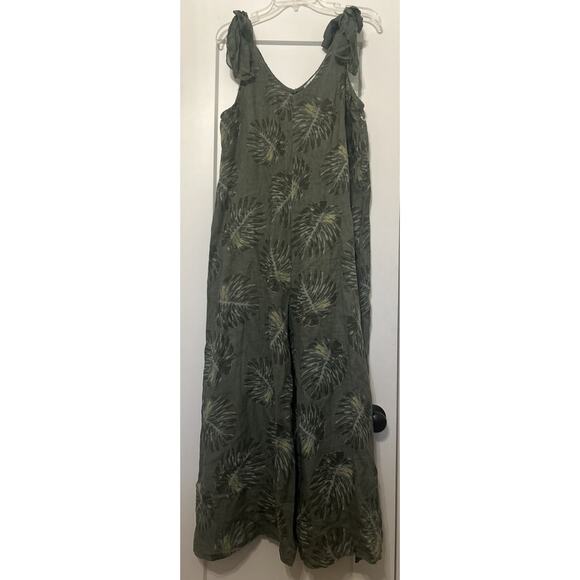 Women’s Small 100% Linen Olive Print Wide Jumpsuit Shoulder Bows Boho Lagenlook - Picture 6 of 16